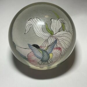 1993 Reverse Painted Hummingbird Tiger Lily Art Glass Paperweight